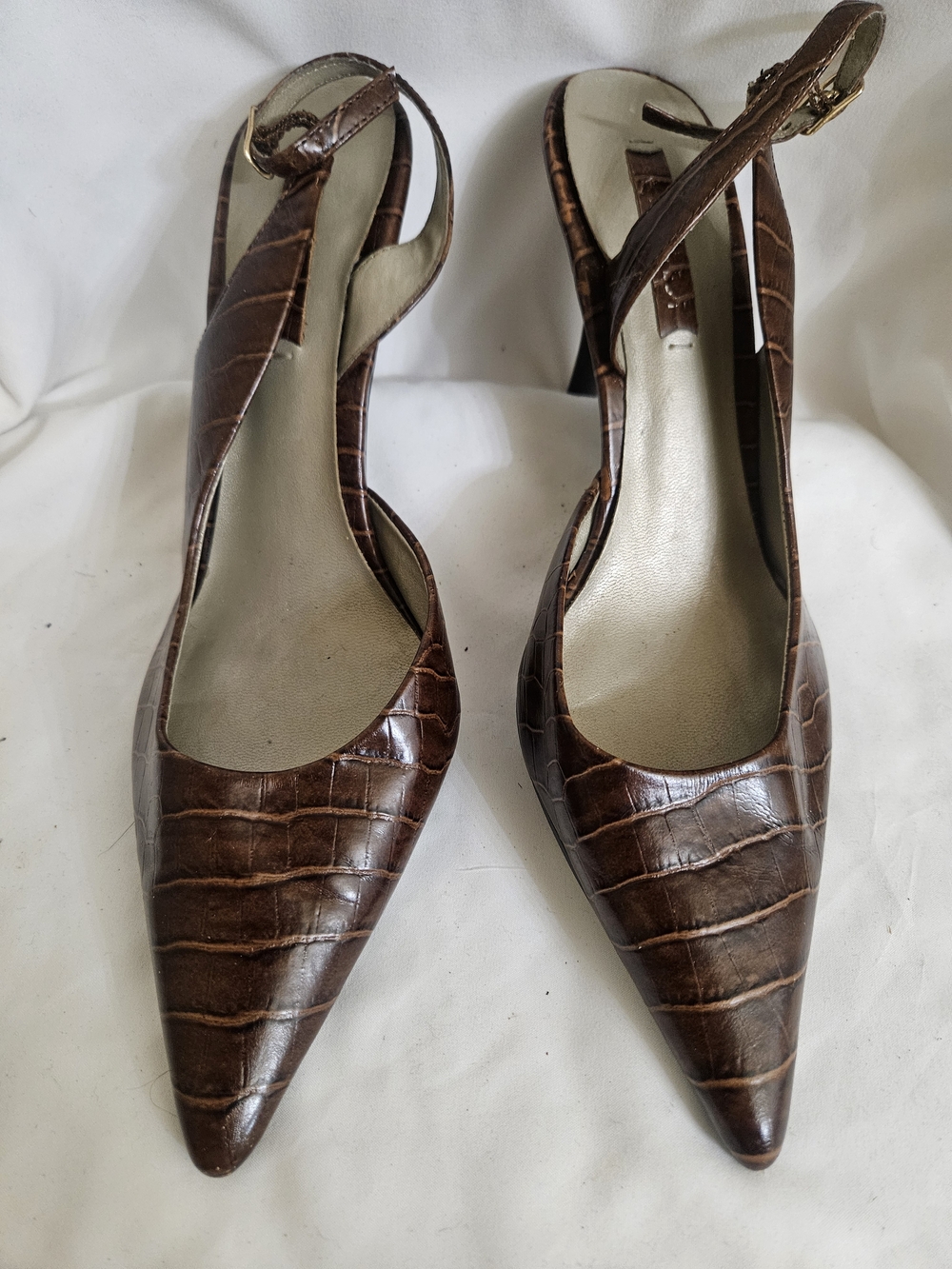 NINE WEST Brown Croc-Embossed Slingback Pointed Toe Heels